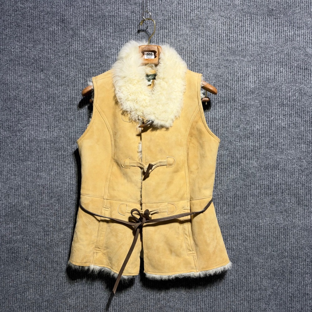 Vintage Eddie Bauer Shearling Vest Womens L Tan Suede Toggle Fur Gorpcore Boho